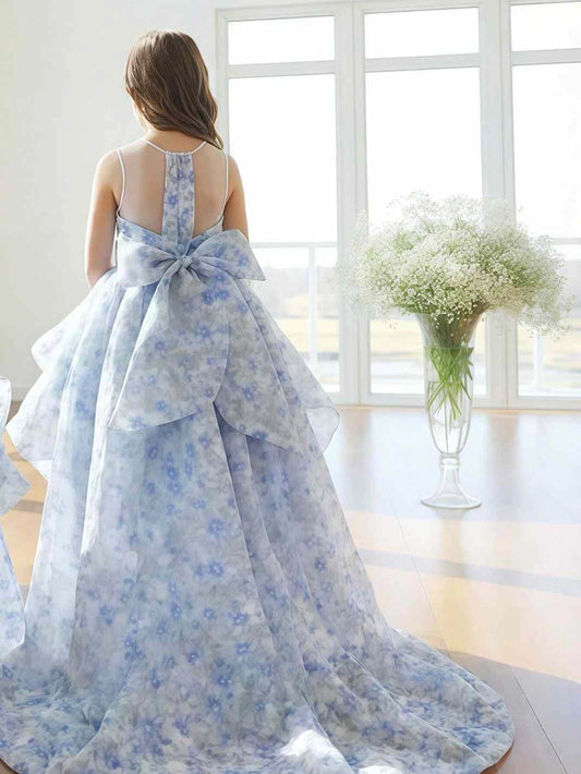 Soft A?Line Illusion Neck Sleeveless Keyhole Back High?Low Train Flower Girl Dress