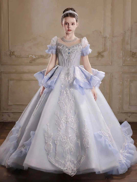 Luxury Ballgown Sweetheart Neck Puff Short Sleeve Cutout Lace?Up Back Train Flower Girl Dress