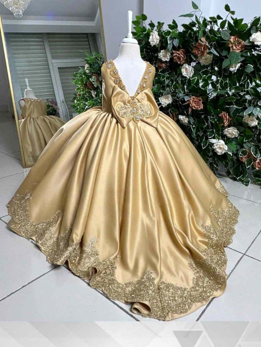 Luxury Ballgown Round Neck Sleeveless V Back Floor Length Gold Satin Flower Girl Dress