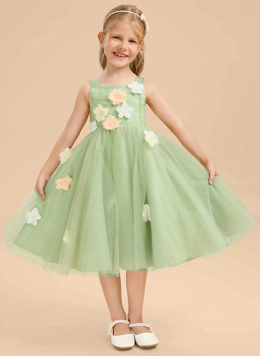 Charming A Line Square Neck Sleeveless Bow Back Tea Length Flower Girl Dress