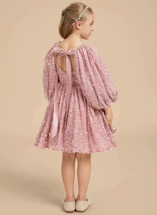 Sparkling A Line Square Neck Balloon Sleeve Bow Back Knee Length Party Dress