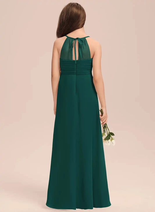 Elegant A-line Halter Sleeveless Tie Back Floor-Length Junior Bridesmaid Dress