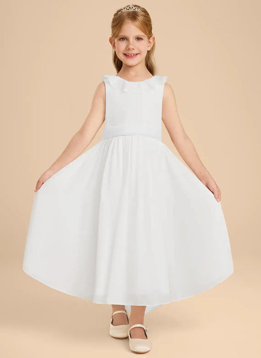 Elegant A-line Ruffle Neck Sleeveless V-back Maxi First Communion Dress