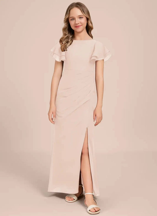 Slim?Fit Mermaid Bateau Neck Flutter Sleeve V?Back Floor?Length Junior Bridesmaid Dress