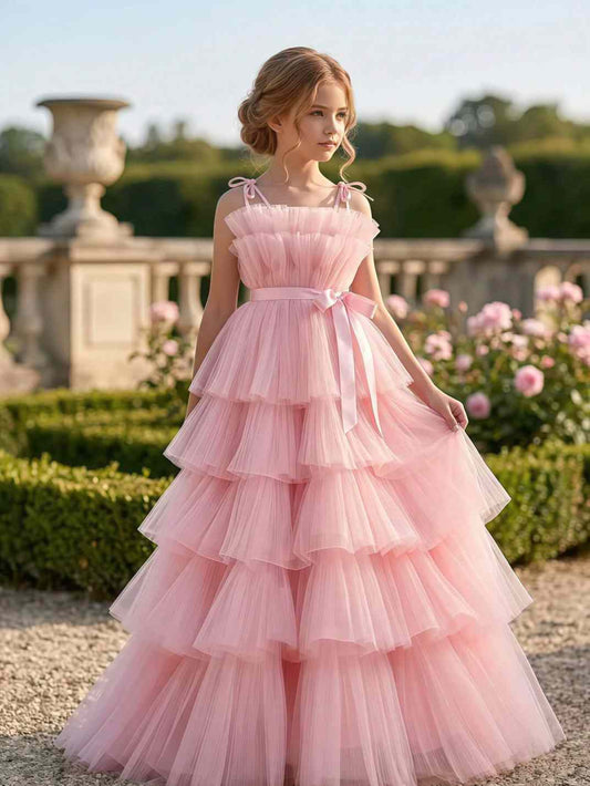 Sweet Ballgown Square Neck Spaghetti Strap Open Back Floor Length Pink Tiered Flower Girl Dress