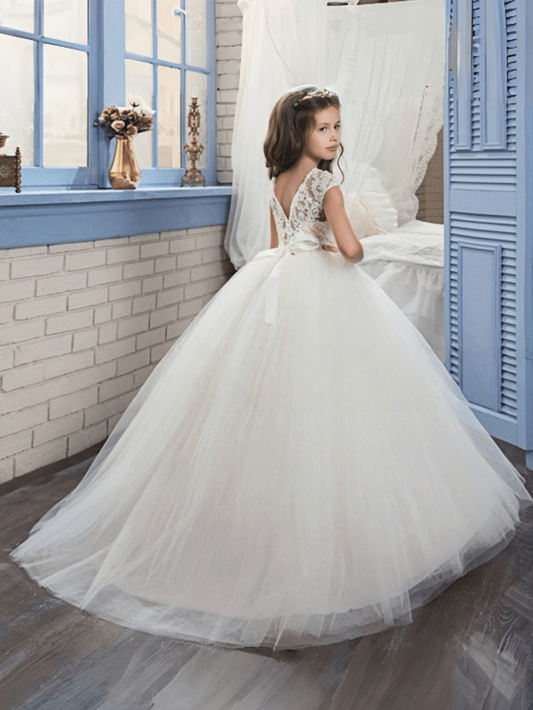 Ivory Lace Ball Gown Illusion Neck Cap Sleeve V-Back Long Train Flower Girl Dress