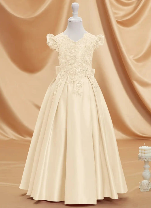 Elegant A?Line V?Neck Cap Flutter Sleeve Bow Back Floor?Length Junior Bridesmaid Dress