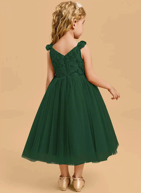 Elegant A-line Scoop Sleeveless V-Back Midi Flower Girl Dress