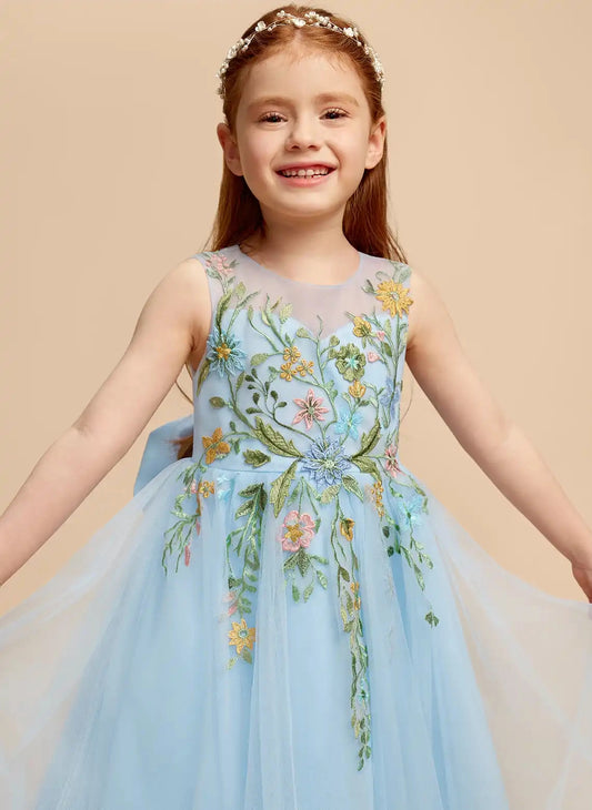 Floral Embroidered A Line Illusion Neck Sleeveless Keyhole Back Midi Flower Girl Dress