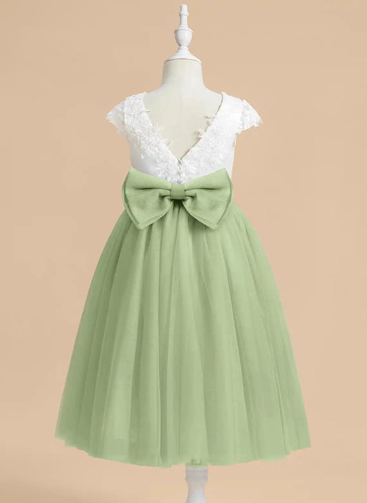 Soft A Line Round Neck Cap Sleeve V Back Midi Flower Girl Dress