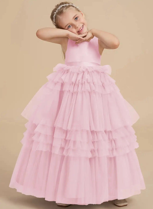 Elegant A?Line Sleeveless Crew Neck Cutout Back Floor?Length Junior Bridesmaid Dress >