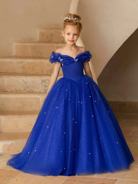 Royal Blue Ball Gown Off Shoulder Short Sleeve V Back Floor Length Flower Girl Dress