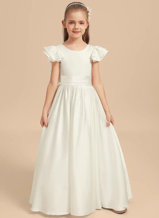 Classic A?Line Round Neck Ruffle Sleeve V?Back Floor?Length Flower Girl Dress