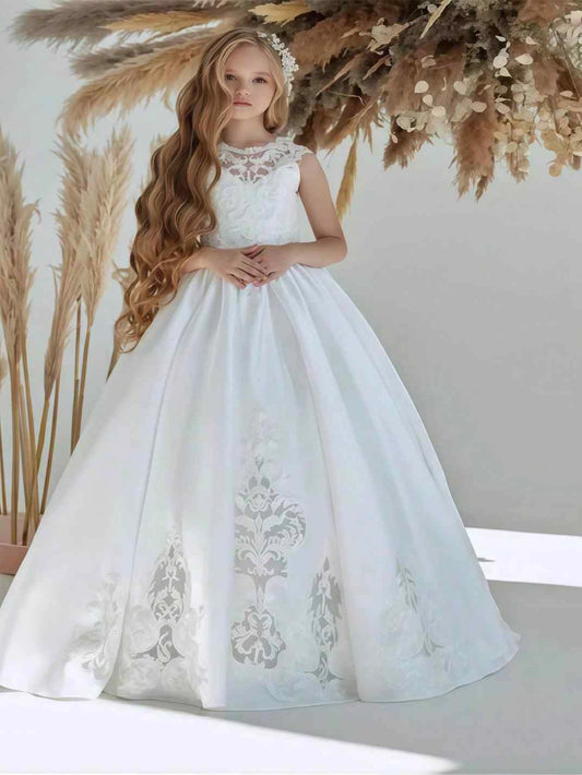 Elegant Ball Gown Illusion Neck Sleeveless Lace Back Train Length Flower Girl Dress