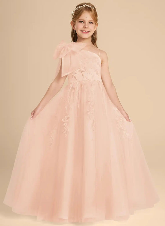 Elegant A?Line One?Shoulder Bow Sleeve Zipper?Back Floor?Length Junior Bridesmaid Dress