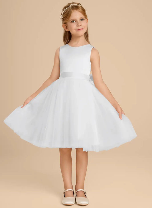 Elegant A-line Round Neck Sleeveless Heart Cutout Back Midi Flower Girl Dress
