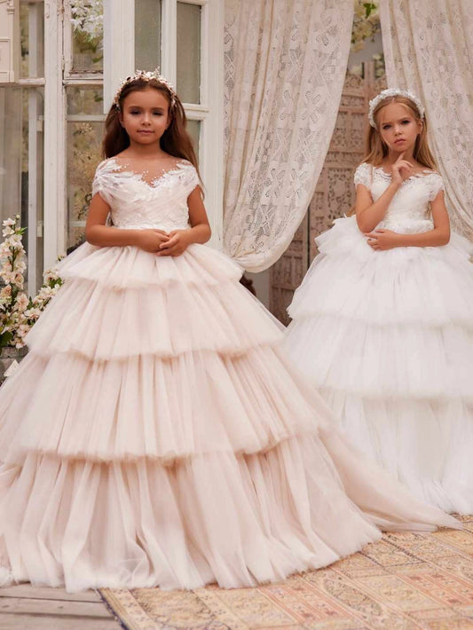 Elegant Ball?Gown Illusion Neck Cap?Sleeve Sheer Back Floor?Length First Communion Dress