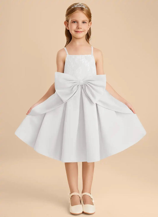 Elegant A Line Square Neck Sleeveless Lace Back Knee Length Flower Girl Dress