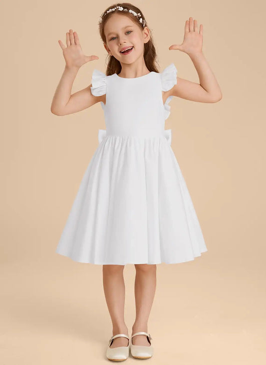 Satin A Line Round Neck Flutter Sleeve V Back Knee Length First Communion Dress