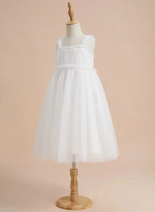 Elegant A Line Square Neck Sleeveless Open Back Tea Length Communion Dress