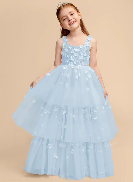 Elegant A?Line Square Neck Sleeveless Zipper?Back Floor?Length Junior Bridesmaid Dress
