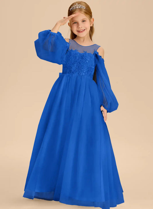 Elegant A-Line Illusion Neck Cold Shoulder Puff Sleeve V Back Floor Length Communion Dress