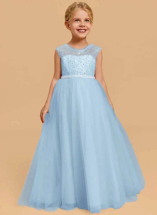 Sparkly A-Line Round Neck Sleeveless V-Back Floor-Length Flower Girl Dress