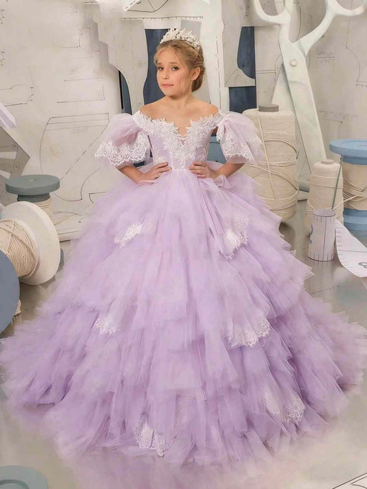 Luxury Ballgown Off Shoulder Puff Sleeve Zipper Back Floor Train Flower Girl Dress