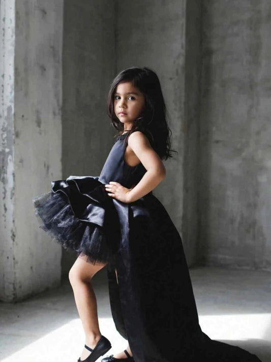 Elegant High Low Satin Round Neck Sleeveless Heart Cutout Back Train Flower Girl Dress