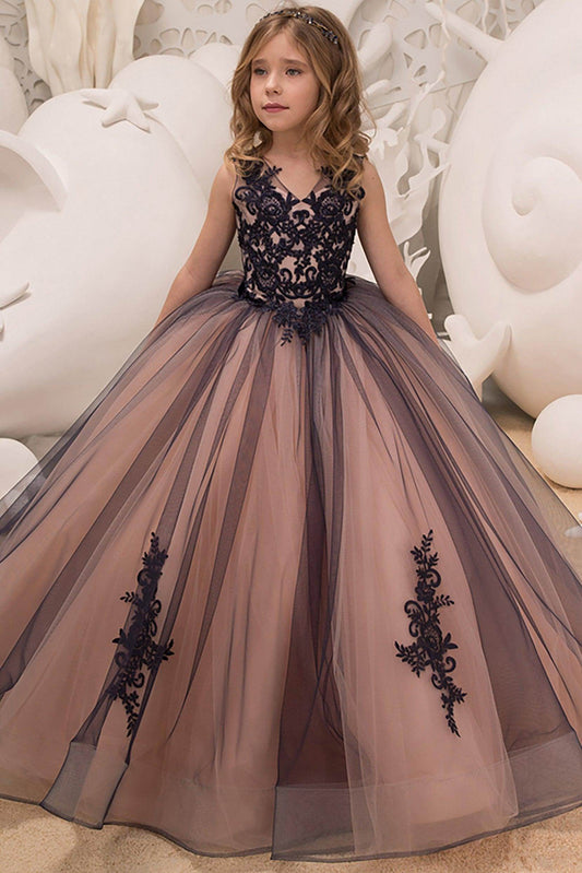 Luxury Black Princess V Neck Lace Back Sleeveless Flower Girl Dress