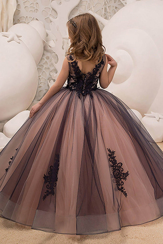 Luxury Black Princess V Neck Lace Back Sleeveless Flower Girl Dress
