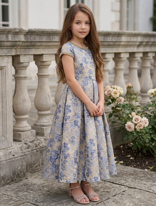 Elegant A Line Round Neck Cap Sleeve Ankle Length Junior Bridesmaid Dress