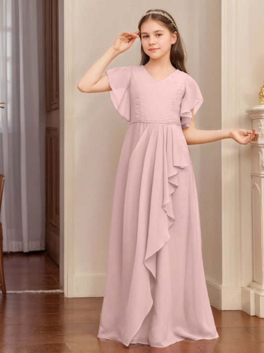 Romantic A-Line V-Neck Flutter Sleeve V-Back Chiffon Junior Bridesmaid Dress