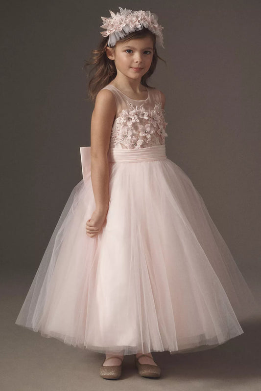 Heowos blush pink flower girl dress with an illusion neckline, 3D floral bodice, pleated sash and ankle-length tulle skirt.