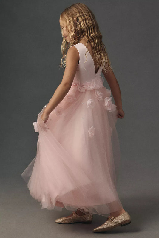 Romantic A-Line Round Neck Sleeveless V-Back Ankle-Length Flower Girl Dresses