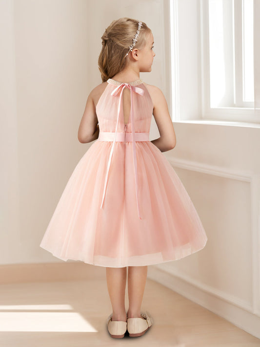 Charming A-Line Beaded Halter Sleeveless Bow Back Flower Girl Dresses