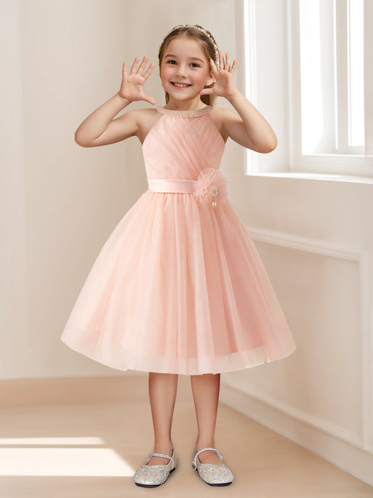 Charming A-Line Beaded Halter Sleeveless Bow Back Flower Girl Dresses