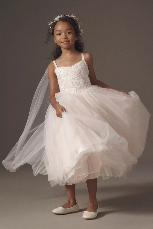 Delicate A-Line Square Neck Sleeveless Bow-Back Ankle-Length Flower Girl Dresses