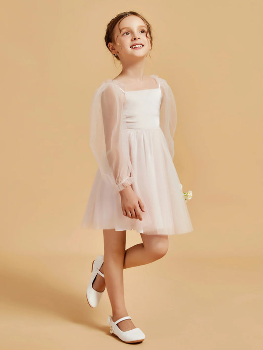 Heowos blush pink flower girl dress with a square satin neckline, sheer long bishop sleeves and an above-knee tulle skirt.