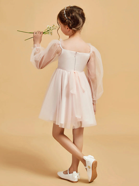 Delicate A-Line Square-Neck Bishop-Sleeve Zipper-Back Above-Knee Flower Girl Dresses