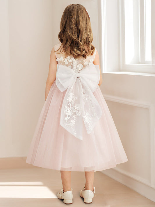 Romantic A-Line Illusion Neck Sleeveless Bow Back Flower Girl Dresses