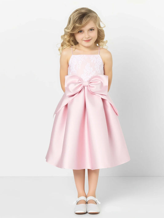 Heowos blush pink flower girl dress with lace bodice spaghetti straps oversized bow and A-line skirt