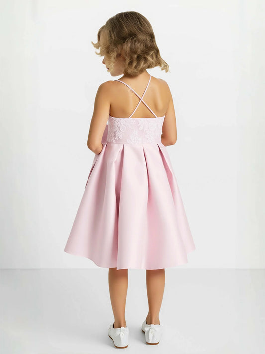 Heowos Elegant A-Line Square-Neck Spaghetti-Strap Crisscross-Back Tea-Length Flower Girl Dress