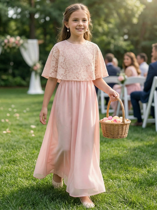Romantic Lace Cape Sleeve Round Neck A Line Pink Flower Girl Dress Wedding