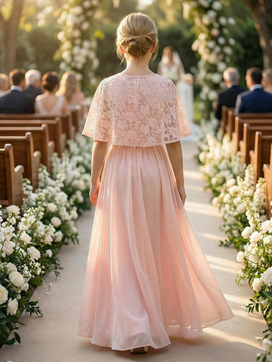 Romantic Lace Cape Sleeve Round Neck A Line Pink Flower Girl Dress Wedding