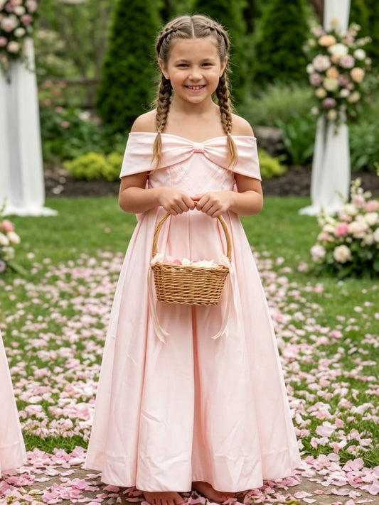 Elegant Off Shoulder Bow A Line Pink Flower Girl Dress Wedding