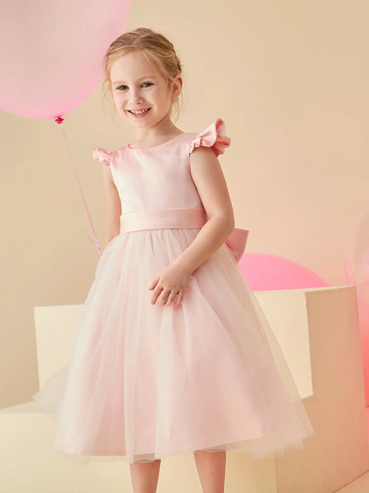 Heowos blush pink flower girl dress with a round satin bodice, ruffled cap sleeves, wide waistband and tea-length layered tulle skirt.