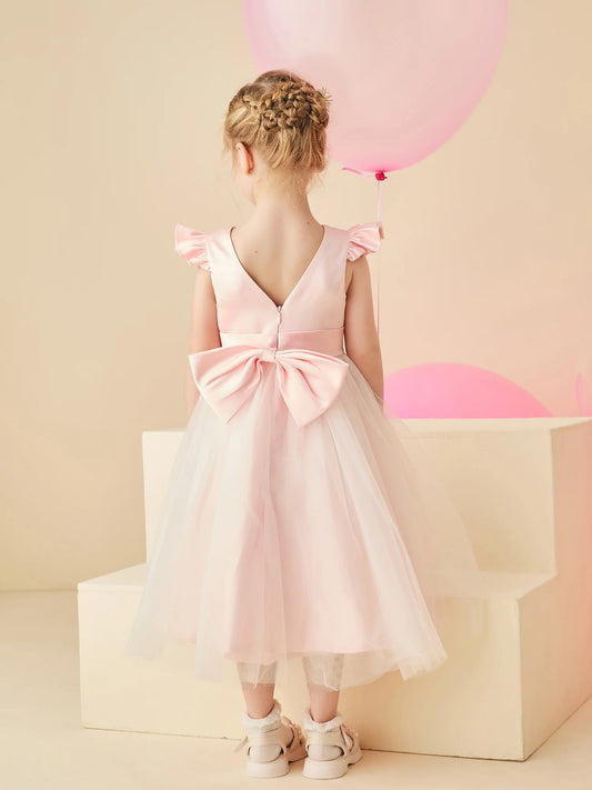 Charming A-Line Round-Neck Ruffle-Cap-Sleeve V-Back Tea-Length Flower Girl Dresses