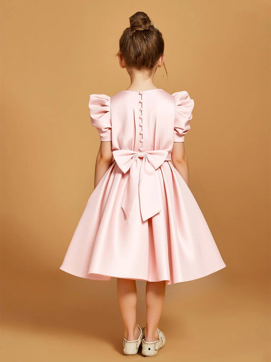Timeless A-Line Round-Neck Puff-Sleeve Button-Back Knee-Length Flower Girl Dresses