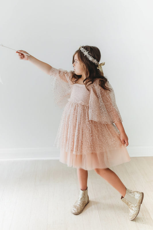 Sparkling A-Line Square Neck Bell Sleeve Smocked Back Flower Girl Dress